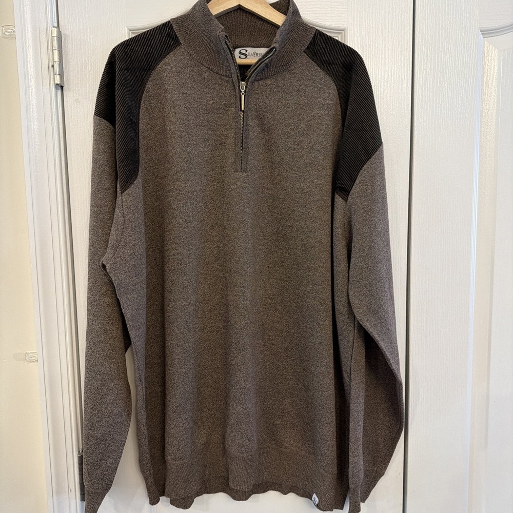 SilverSilk Men's Quarter/Half Zip Pullover Sweater Sz 4X Brown Corduroy Trim New